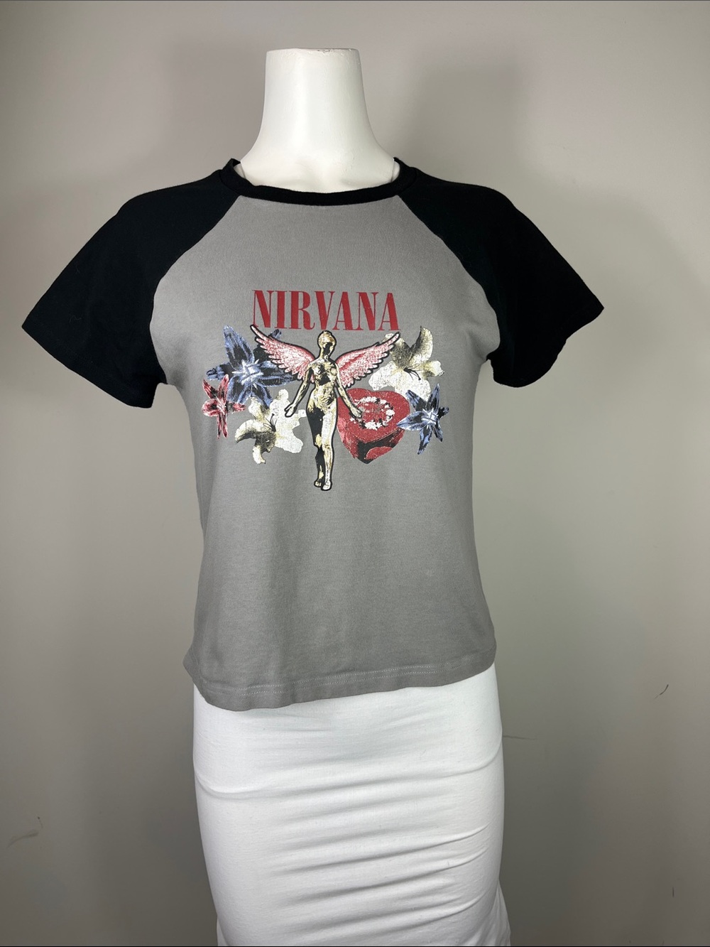 NIRVANA Raglan Tee in Grey with Black Sleeves and Red Graphic